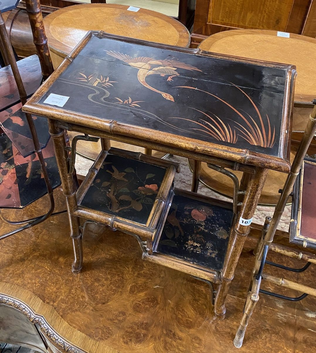 A Victorian three tier lacquer whatnot, with simulated bamboo uprights and a Victorian bamboo two tier table, with folding flaps and a lacquer and bamboo three tier table, largest height 103cm